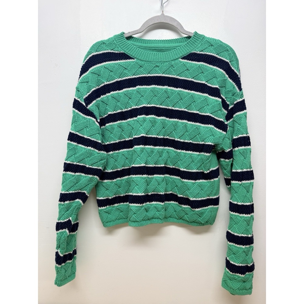 Maeve by Anthropologie Woven Stripe Knit Sweater Green Blue Medium Cropped #64